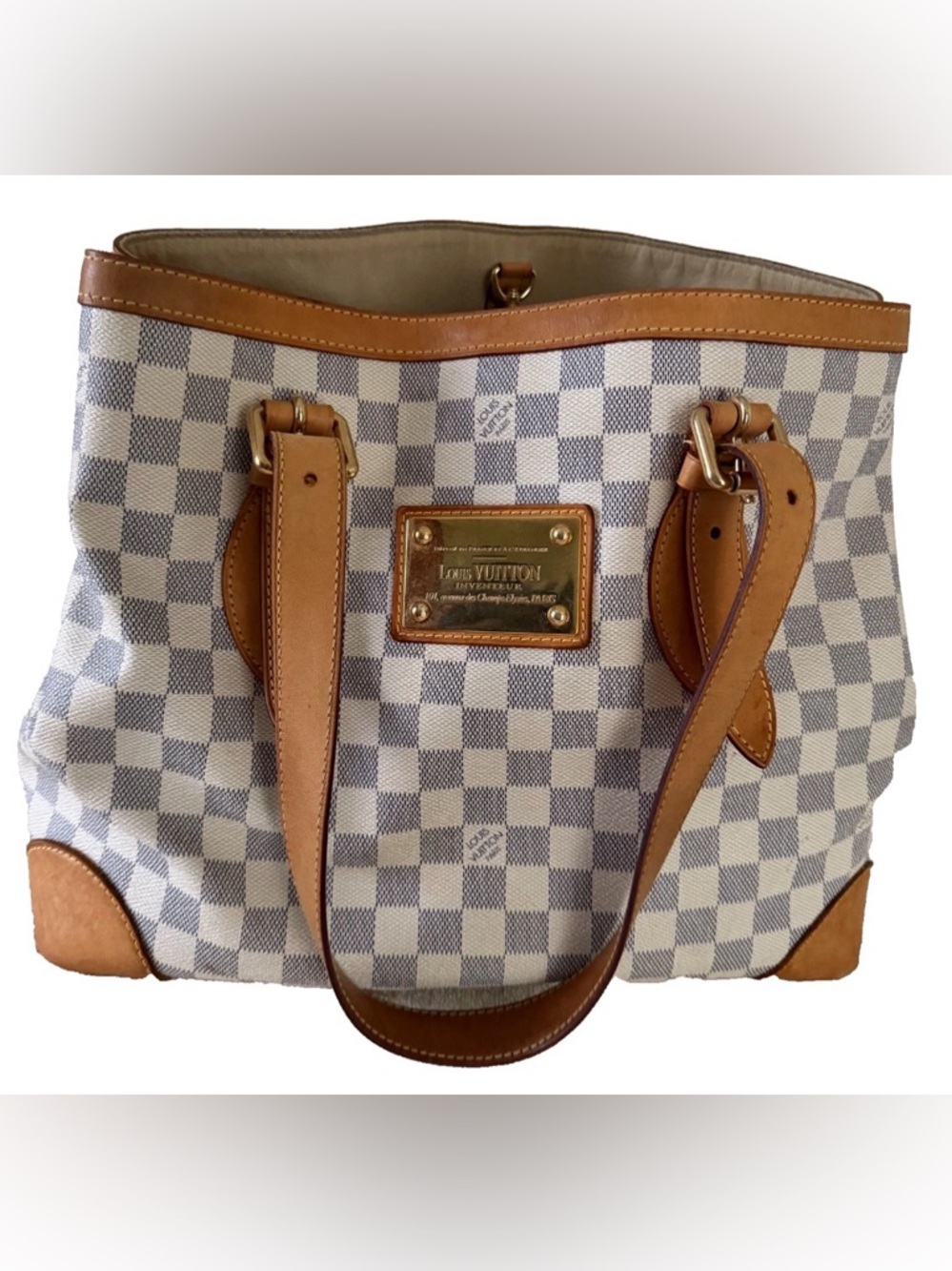 Louis Vuitton Damier Azur Hampstead MM Canvas Tote with Tan Leather Trim - Picture 11 of 12